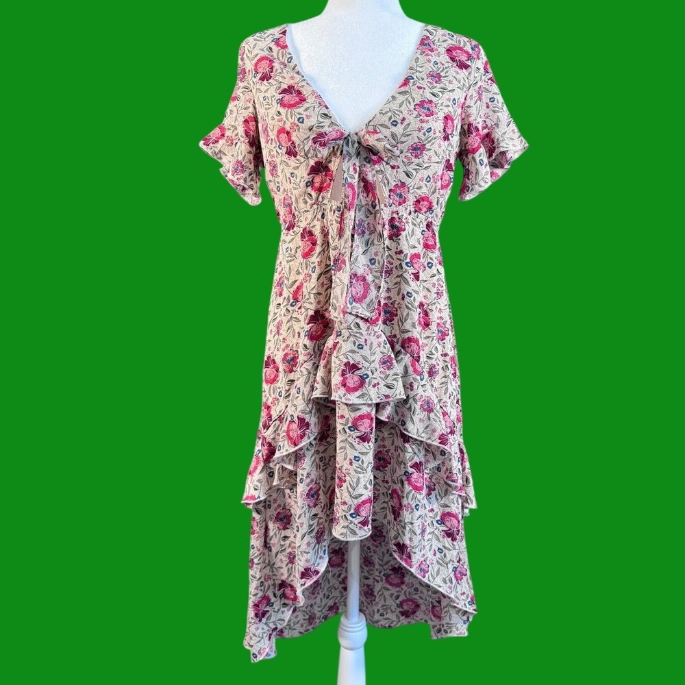Nasty Gal Collection High Low Dress Pink Floral Tie Front V-Neck US 2‎
